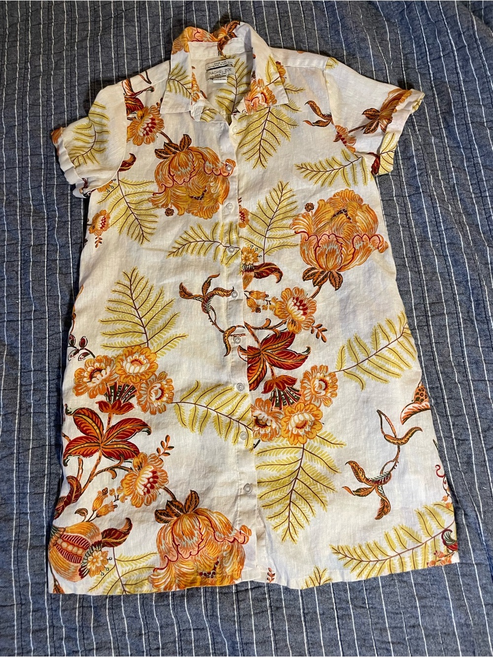 Women’s Beige Floral Button-Front Dress, Orange and Yellow Print. 100% Linen